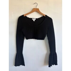 HM Edition Black Textured Waffle Knit Crop Top Bell Sleeve Scallop Trim lace S